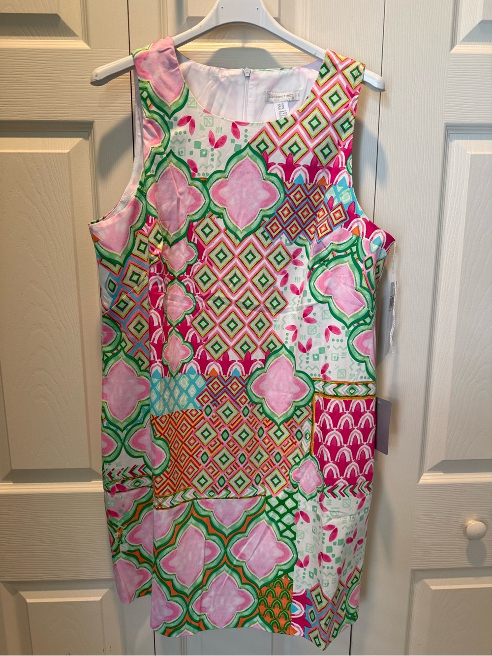 # London Times Pink Green Multi Geometric Print Shift Dress Sz 16